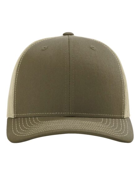Front view of a structured six-panel Richardson 112RE trucker cap