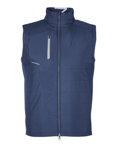 Front view of navy Zero Restriction W1008 men's lightweight hybrid vest