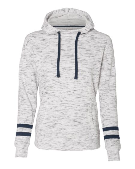 J. America 8674 Women’s Mélange Fleece Striped-Sleeve Hooded Sweatshirt