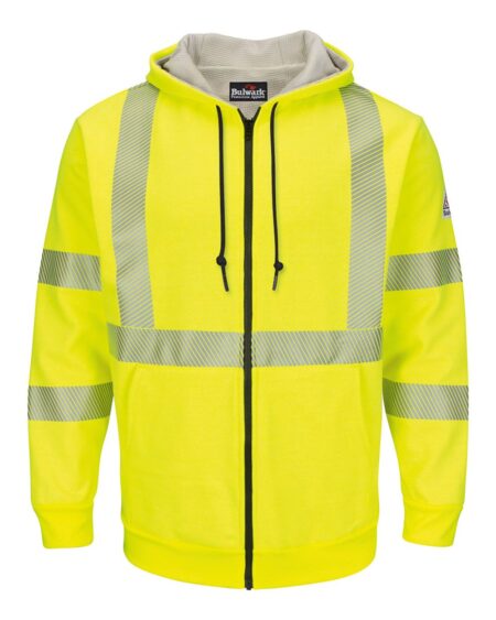 Bulwark SMZ4HV Men’s Hi-Visibility Zip-Front Hooded Fleece Sweatshirt with Waffle Lining